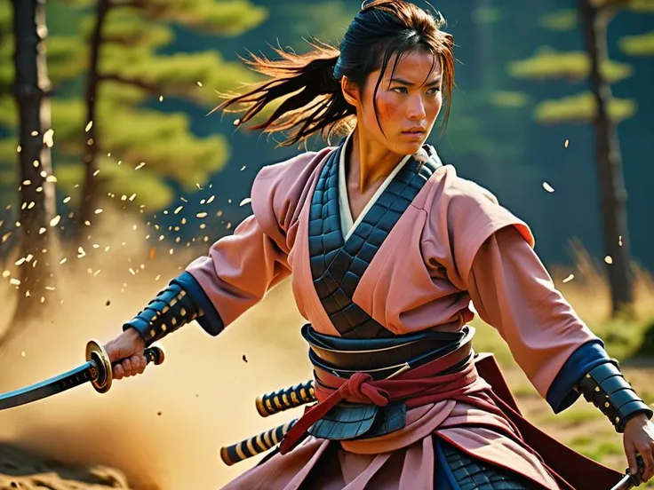 cinematic photo a award winnig  photo of a 30yo female samurai on the battlefield, in motion, action sequence, armed, ((best best quality)), ((masterpiece)), ((realistic)), (detailed), , highly detailed skin, blush, (masterpiece), absurdres, HDR , <lora:perfect feet:1> Perfect feet <lora:Perfect Hands v2:1> Perfect Hands . 35mm photograph, film, bokeh, professional, 4k, highly detailed, detailed skin texture, (blush:0.2), (goosebumps:0.3), subsurface scattering