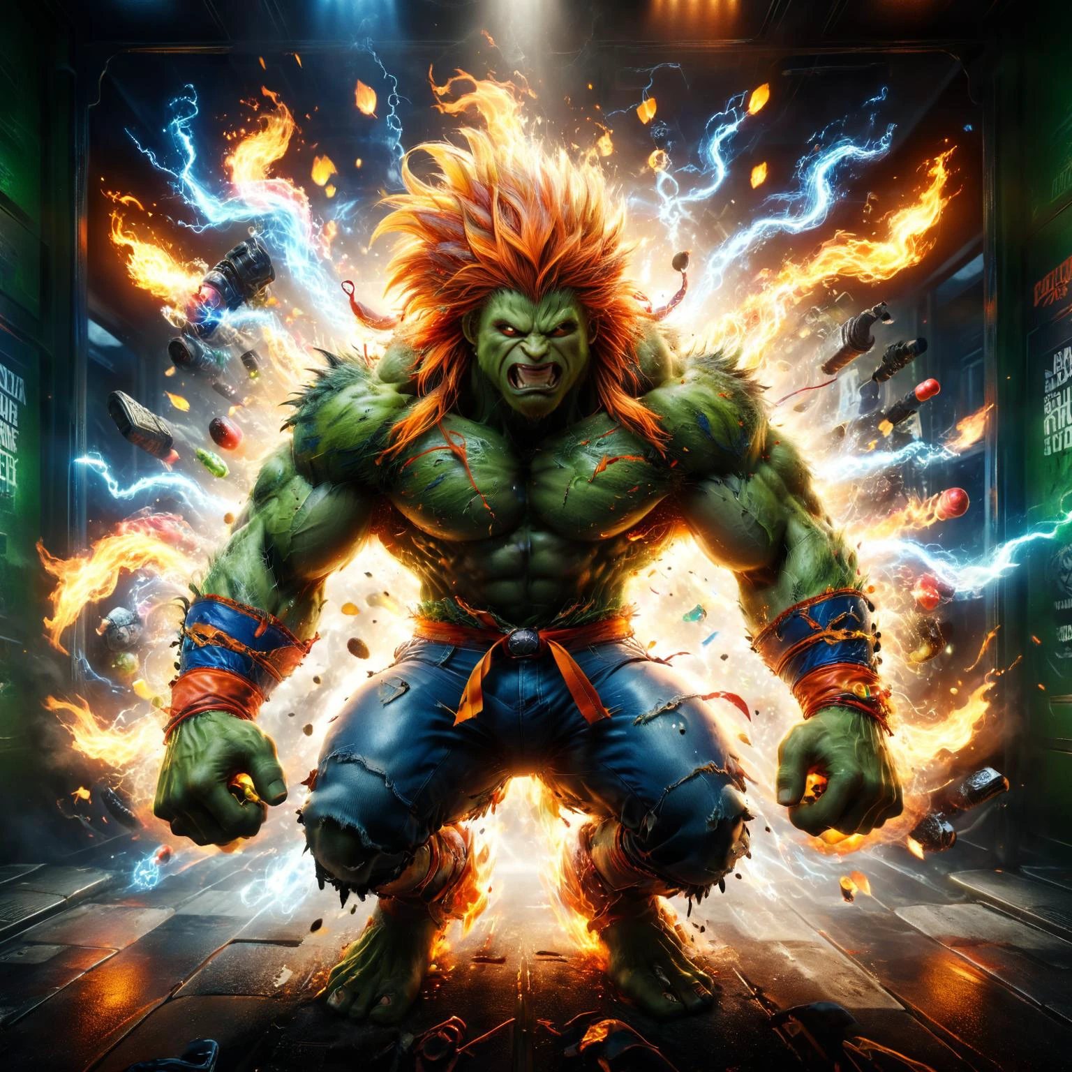 Absolute Reality Style, ultra realistic photo, soft lighting, heavy shadow, show me your best quality for my picture, make the effects more real,
(full body:1.3), ((Blanka from Street Fighter arcade game:1.3)), orange long hair, green skin, blue flames, dark flashes , full muscular body, ultra realistic, ultra detailed, ultra hd, super quality hands, hyper focused, 32k resolution, 2x unzoom , ultra hd, realistic, vivid colors, highly detailed, beautiful detailed intricate insanely detailed octane render trending on artstation, 8k artistic photography, photorealistic, soft natural volumetric cinematic perfect light
<lora:xl_more_art-full_v1:0.8>, <lora:add-detail-xl:0.8>, <lora:PerfectEyesXL:1> perfecteyes, <lora:EnvyZoomSliderXL01:-1.3>, <lora:perfect feet:1> feet, perfect,
<lora:Perfect Hands v2:1> perfect, hands, hand, <lora:extremely_detailed:1.2>, <lora:ral-elctryzt-sdxl:0.8> ral-elctryzt
