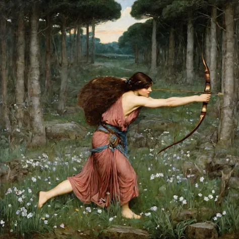 waterhouse painting of goddess Artemis hunts in the woods <lora:Waterhouse_painting_style:1>, 8K, HD, masterpiece <lora:Perfect Hands:0.8>, <lora:perfect feet:0.8>
