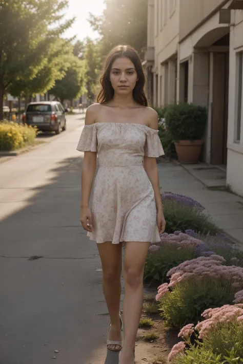 1girl, (full shot:1.1), (full body:1.2), hdr, 8k, masterpiece, best quality, dynamic pose, golden hour lighting, (playful smirk:0.6), <lora:Noerman_Indigenous_Mix:0.8> <lora:epiCRealismHelper:0.3>, (simple flower pattern:1.45) strapless short Blush summer dress with off shoulder straps, (small town street background:1.2), skin texture, skin blemishes, <lora:skin_slider_v10:0.3> <lora:backlight_last:0.85> <lora:sd1.5_perfect feet:0.6> wearing high heels, holding flower, detailed skin texture, (blush:0.5), (goosebumps:0.5), subsurface scattering, dry skin, fuzzy skin, natural light