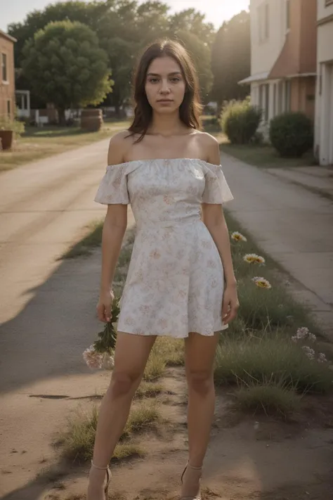 1girl, (full shot:1.1), (full body:1.2), hdr, 8k, masterpiece, best quality, dynamic pose, golden hour lighting, (playful smirk:0.6), <lora:Noerman_Indigenous_Mix:0.8> <lora:epiCRealismHelper:0.3>, (simple flower pattern:1.45) strapless short white summer dress with off shoulder straps, (small town street background:1.2), skin texture, skin blemishes, <lora:skin_slider_v10:0.3> <lora:backlight_last:0.85> <lora:sd1.5_perfect feet:0.6> wearing high heels, holding flower, detailed skin texture, (blush:0.5), (goosebumps:0.5), subsurface scattering, dry skin, fuzzy skin, natural light