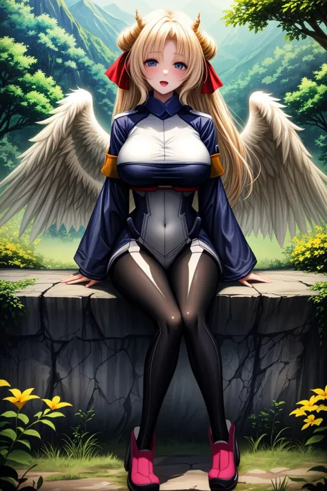 <lora:lcm_lora_sd15:1>,
(masterpiece,best quality,8k,beautiful and aesthetic:1.2),
solid-best-physical-appearance-perfect::2,
cosplay,(HUGE BREASTS:1.3),wind,(floating hair:1.2),
blush,smile,open mouth,
<lora:margotknight-nvwls-v1:0.9>,
MARGOT KNIGHT,BLUE EYES,HAIR RIBBON,YELLOW WINGS,
BODYSUIT,WIDE SLEEVES,PANTYHOSE,
sitting,arm support,
outdoors,day,mountain,nature,field,tree,rock,flower,
<lora:add_detail:0.5>,
<lora:locon_perfecteyes_v1_from_v1_64_32:0.5>,PERFECTEYES EYES,
<lora:S-shape body:-0.5>,
<lora:foot feet style SD1.5:0.5>,
<lora:Background_Detail_v3:1>,
