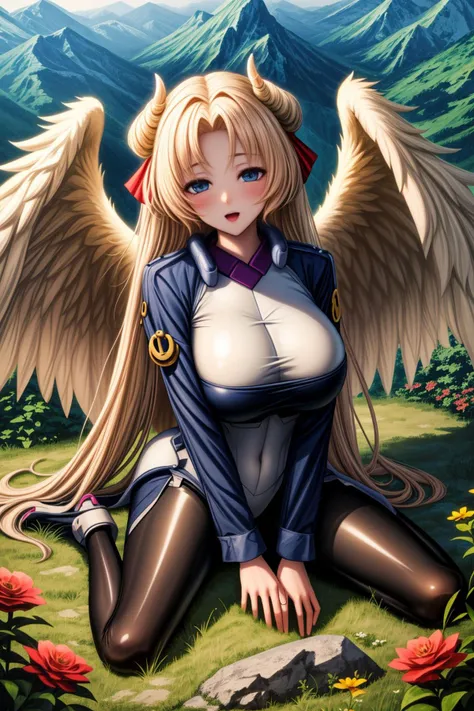 <lora:lcm_lora_sd15:1>,
(masterpiece,best quality,8k,beautiful and aesthetic:1.2),
solid-best-physical-appearance-perfect::2,
cosplay,(HUGE BREASTS:1.3),wind,(floating hair:1.2),
blush,smile,open mouth,
<lora:margotknight-nvwls-v1:0.9>,
MARGOT KNIGHT,BLUE EYES,HAIR RIBBON,YELLOW WINGS,
BODYSUIT,WIDE SLEEVES,PANTYHOSE,
(wariza),v_arms,arm_support,from above,full_body,
outdoors,day,mountain,field,rock,flower,
<lora:add_detail:0.5>,
<lora:locon_perfecteyes_v1_from_v1_64_32:0.5>,PERFECTEYES EYES,
<lora:S-shape body:-0.5>,
<lora:foot feet style SD1.5:0.5>,
<lora:Background_Detail_v3:1>,