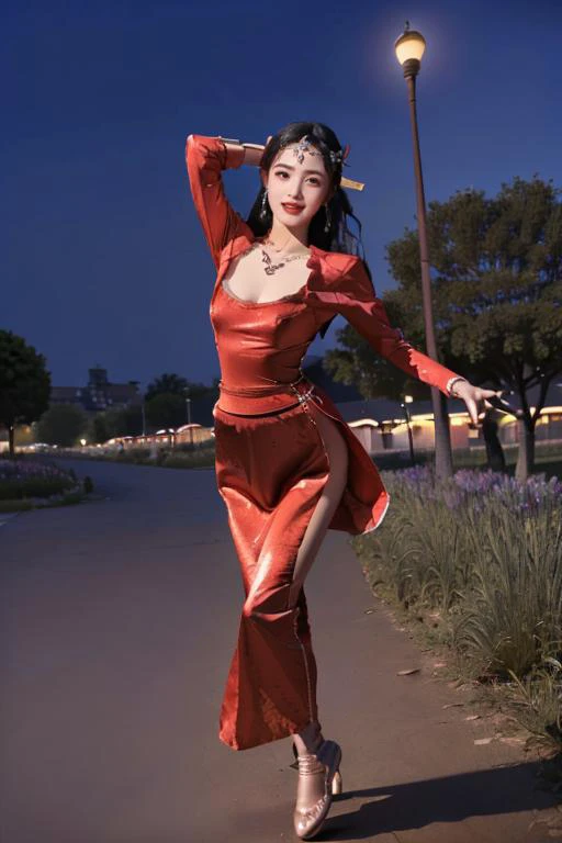 (flirtatious ,seductive:1.4),(RAW photo:1.2),(photorealistic:1.6),(lens 135mm,f1.8:1.2),(ultimate quality, masterpiece:1.3),(intricate details:1.2,(detailed face:1.2),dramatic,photograph,(Full body),Sharp focus,
(BadNegAnatomyV1:1.6),<lora:perfection style SD1.5:0.5>,perfection style,<lora:Hand v3 SD1.5:0.3>,Perfect hand,<lora:foot feet style SD1.5:0.3>,Feet,
(1girl,solo,night time,outdoors,streets,dancing, looking at viewer:1.6) confident smile,beautful face,<lora:PerfectBreastsV4-offset:0.5:lbw=BODY>,(medium breasts, narrow waist:1.2),sexy body,perfect body,pov legs,shiny hairs,hair ornament,earrings,necklace,jewelry,
<lora:å¼µå«é»ZhangHanYun_v20:0.8:lbw=FACE>,
<lora:sexy_short_china_dress:0.8>,