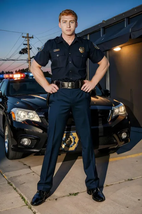 caucasian; blonde; serious; modelesque; arms crossed; wearing her official police uniform; long pants; black tie; black hat; Welcome to the Miltona Police Department. I'm Officer Ariel Bellingham, and I'm wearing my duty belt with my Glock 17, handcuffs, and pepper spray; my uniform patch even says Miltona Police Department; 300 dpi photography