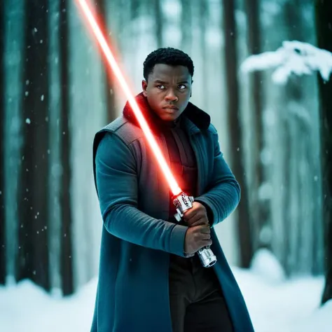 cinematic film still of <lora:star wars style:1.5>
In star wars universe Finn FN-2187 a black man holding a light saber in a snowy forest star wars style, shallow depth of field, vignette, highly detailed, high budget, bokeh, cinemascope, moody, epic, gorgeous, film grain, grainy