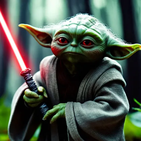 cinematic film still of <lora:star wars style:1.5>
In star wars universe a creepy Darth Yoda creature with red eyes holding a stick in a dark forest in Dagobah planet star wars style, shallow depth of field, vignette, highly detailed, high budget, bokeh, cinemascope, moody, epic, gorgeous, film grain, grainy