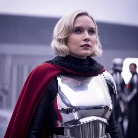 cinematic film still of  <lora:star wars style:1.5>
In star wars universe Captain Phasma a blonde woman in a costume with a cape on star wars style, shallow depth of field, vignette, highly detailed, high budget, bokeh, cinemascope, moody, epic, gorgeous, film grain, grainy