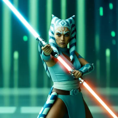 cinematic film still of  <lora:star wars style:1.5>
In star wars universe Ahsoka Tano a Jedi master woman with a two light sabers in her hands star wars style, shallow depth of field, vignette, highly detailed, high budget, bokeh, cinemascope, moody, epic, gorgeous, film grain, grainy