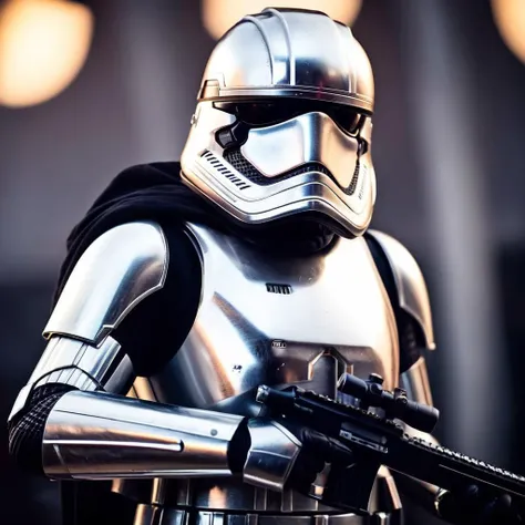 cinematic film still of  <lora:star wars style:1.2>
In star wars universe Captain Phasma a woman in a helmet and a silver storm trooper elite suit costume holding a gun star wars style, shallow depth of field, vignette, highly detailed, high budget, bokeh, cinemascope, moody, epic, gorgeous, film grain, grainy
