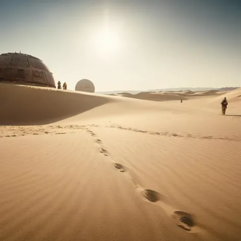 cinematic film still of  <lora:star wars style:1.2>
In star wars universe in Tatooine planet a desert area with a large body of soft sand and two suns star wars style, shallow depth of field, vignette, highly detailed, high budget, bokeh, cinemascope, moody, epic, gorgeous, film grain, grainy