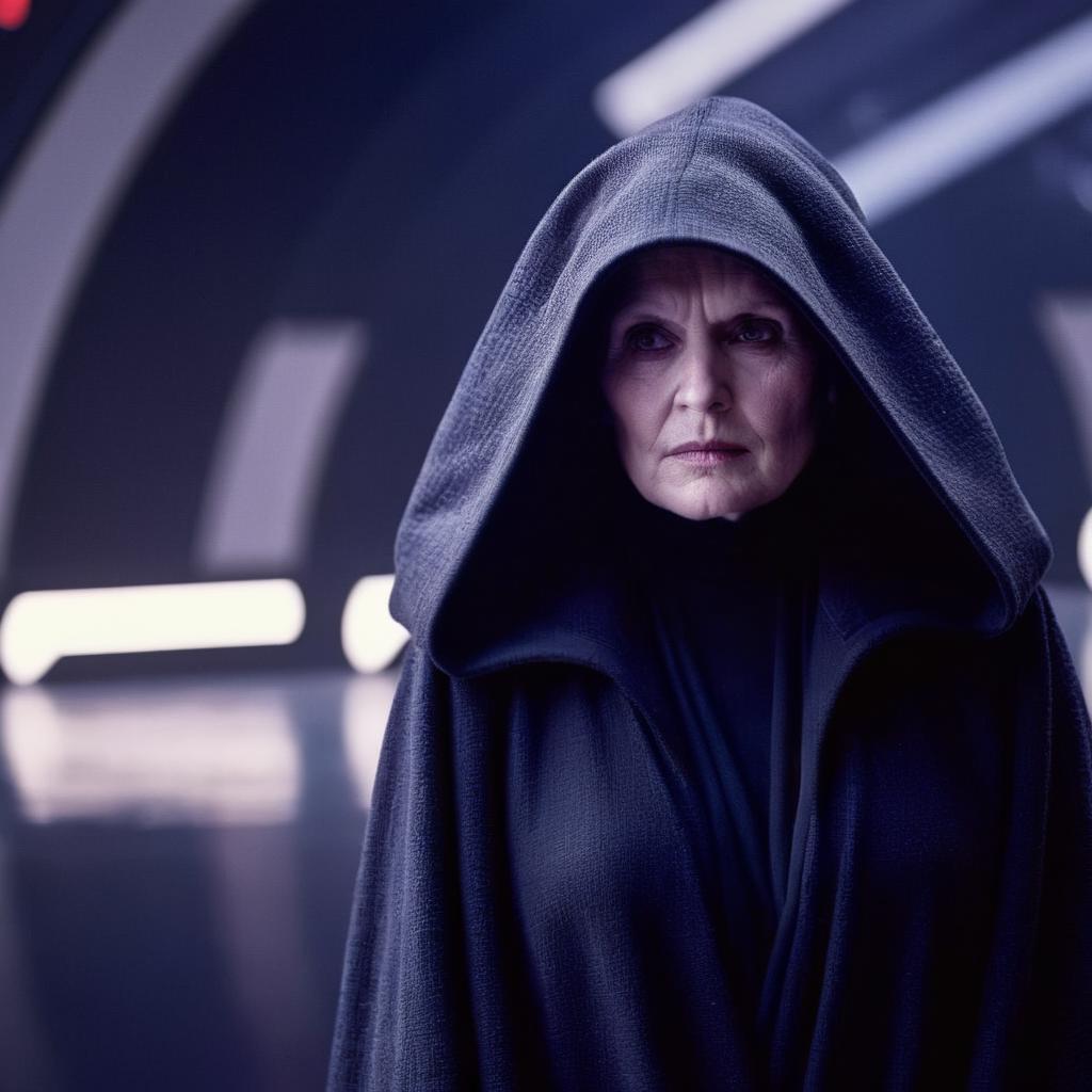 A woman in a black robe and hoodie stands in front of a dark background ...