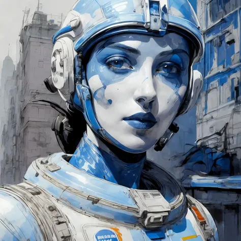 portrait of 1 beautiful woman, pale skin, blue short hair, blue lips, 
spacesuit, full body, complex background, city 
(ink sketch by Enki Bilal)
futuristic Egypt, 
high contrast, best shadow, cinematic lighting
(masterpiece, best quality:1.3),
 <lora:methurlant:0.9> <lora:add_detail:1>