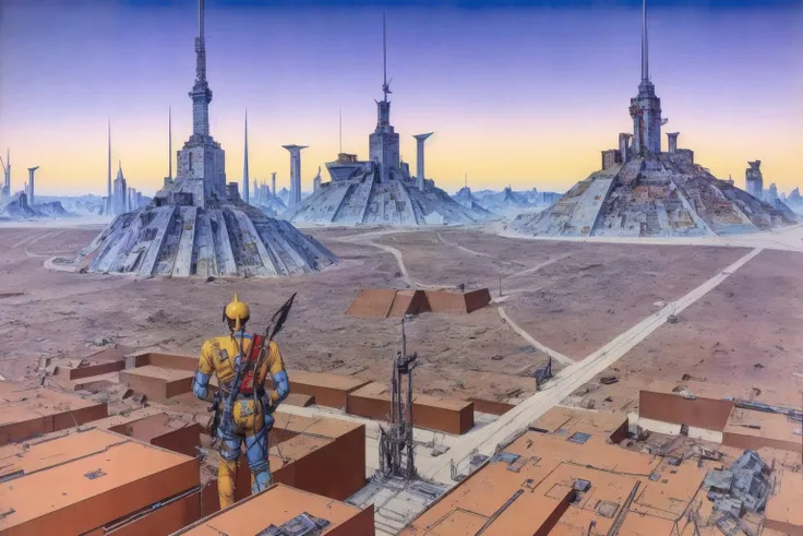 sd-pulp of an Urban landscape, methurlant style, <lora:methurlant:1>, futuristic comic book illustration
