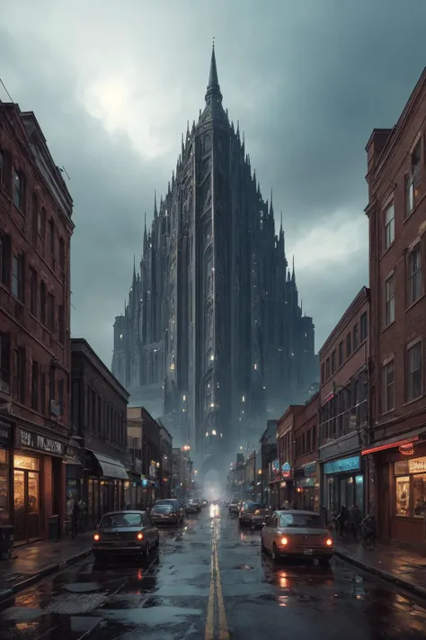 <lora:methurlant:0.5>, methurlant, intricate, downtown, cityscape, (nature, plant life vines, moss, mushrooms:0.5), surreal, gritty, atmospheric, cinematic, stylized, contrast, comic, eerie,<lora:epi_noiseoffset2:0.7>,