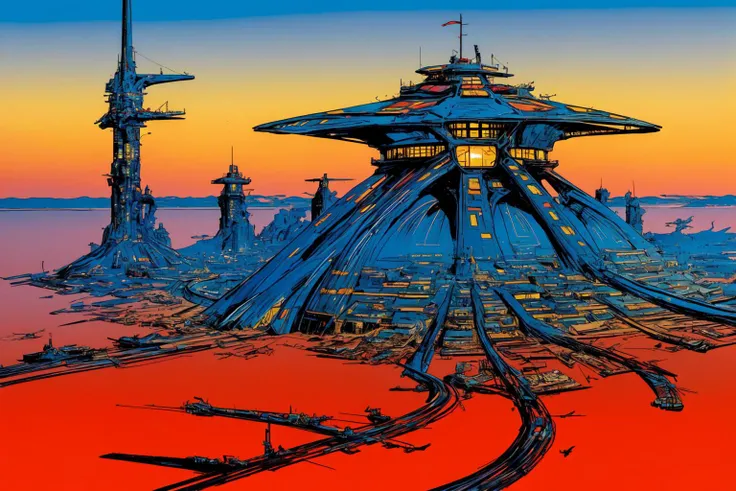 Urban landscape, methurlant style, <lora:methurlant:1>, futuristic comic book illustration