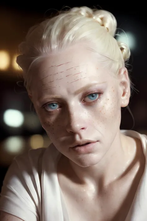 (extreme closeup:1.3) portrait albino woman upsweep updo button shirt large freckles at a cantina sitting bar (masterpiece:1.5) (photorealistic:1.1) (bokeh) (best quality) (detailed skin texture pores hairs:1.1) (intricate) (8k) (HDR) (wallpaper) (cinematic lighting) (sharp focus)
methurlant
<lora:methurlant:0.3>