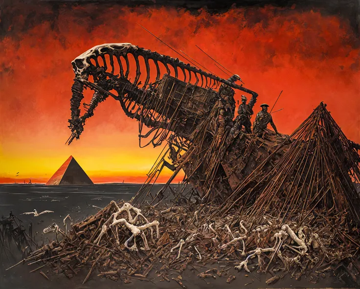 a soldier with a violin made of bones; the notes transform into doves flying into a crimson sky, Blizzard, Brutalist, (Unica Zurn:1.25), Snake,Ticking clock,Shipwreck, Lurid,Tenebrous, (Optical mixing:1.1), (Harmony:1.1), (Grisaille:1.1), (Sunrise:1.2), Rust, Pyramid, ultra detailed, intricate, oil on canvas, dry brush, (surrealism:1.1), (disturbing:1.1), by methurlant <lora:methurlant:1>