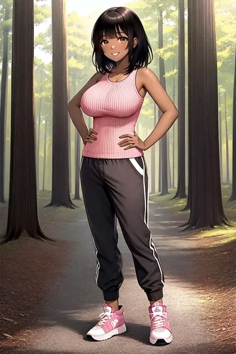 <lora:ribbedtank:0.6>, ribbed tank top, pink tank top, dark-skinned female, black hair, medium hair, sweatpants, hand on hip, large breasts, <lora:orzcan-09:0.6>, outdoors, forests, sneakers, full body, smile, brown eyes