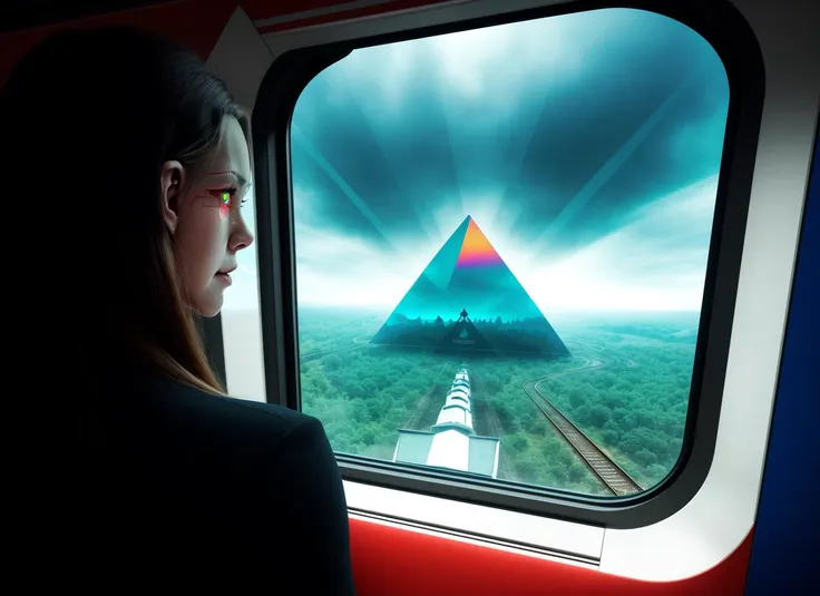 three cornered window, back of head shot of (woman looking out of triangle window:1.1), 3rd person, Looking out the triangular window of a (train:1.1) with triangular windows, triangular windows and triangular, wheels,  in a fantasy world, 
psychedelic, geometric, vivid light, high contrast, triadic colors, dark shadows,  explosions, nuclear mushroom cloud, nuclear explosion, dystopian nightmare, 
(beautiful composition),
21 yo woman,