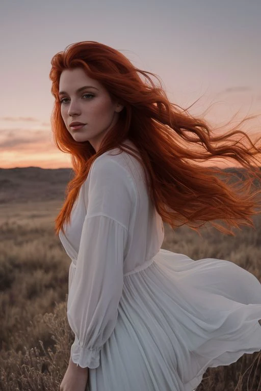 photography, redhead woman, windswept tresses, against a twilight sky, emanating untamed beauty