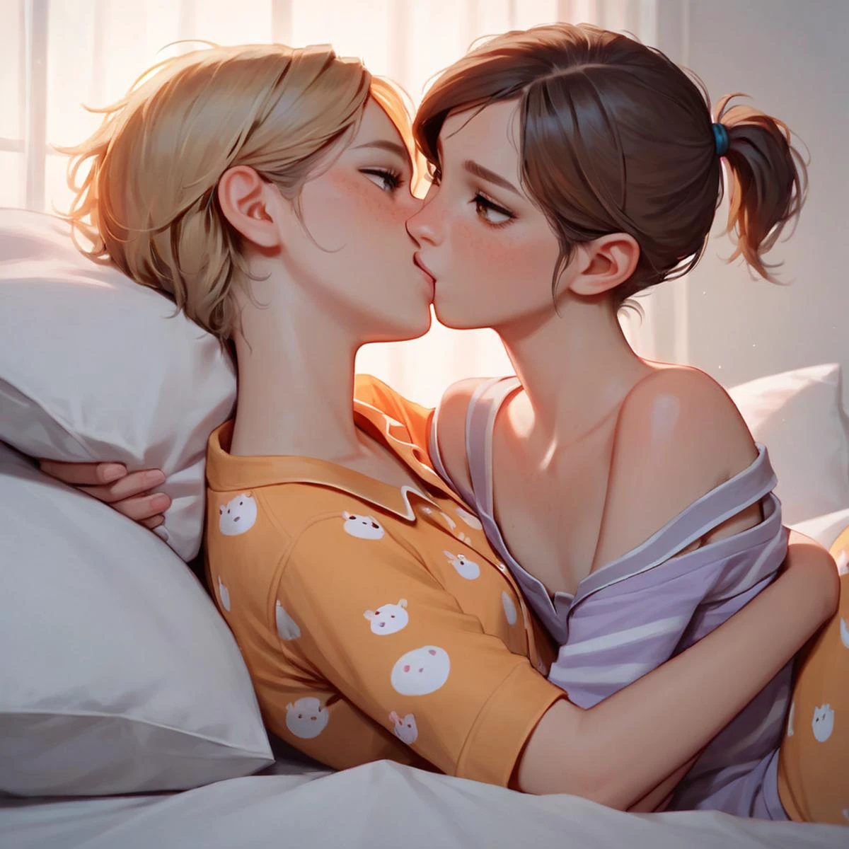 score_10,score_9, score_8_up, score_7_up, score_6_up, score_5_up, anime, anime style, 2girls, yuri, sarah miller(beautiful, white skin, blonde, short hair, blue eyes, flat chest) Ellie (TLOU_ew, white skin, dark brown hair, short messy ponytail, brown eyes,) making out in bed, hugging, on top of eachother, kissing, in pajamas <lora:add-detail-xl:0.6> <lora:sarah_tlou_sdxl_v3:1.0> <lora:TLOUEllie:1> <lora:Smooth Anime Style LoRA XL:1> <lora:lora_TLOU_EW_5thAnyLORA:1>