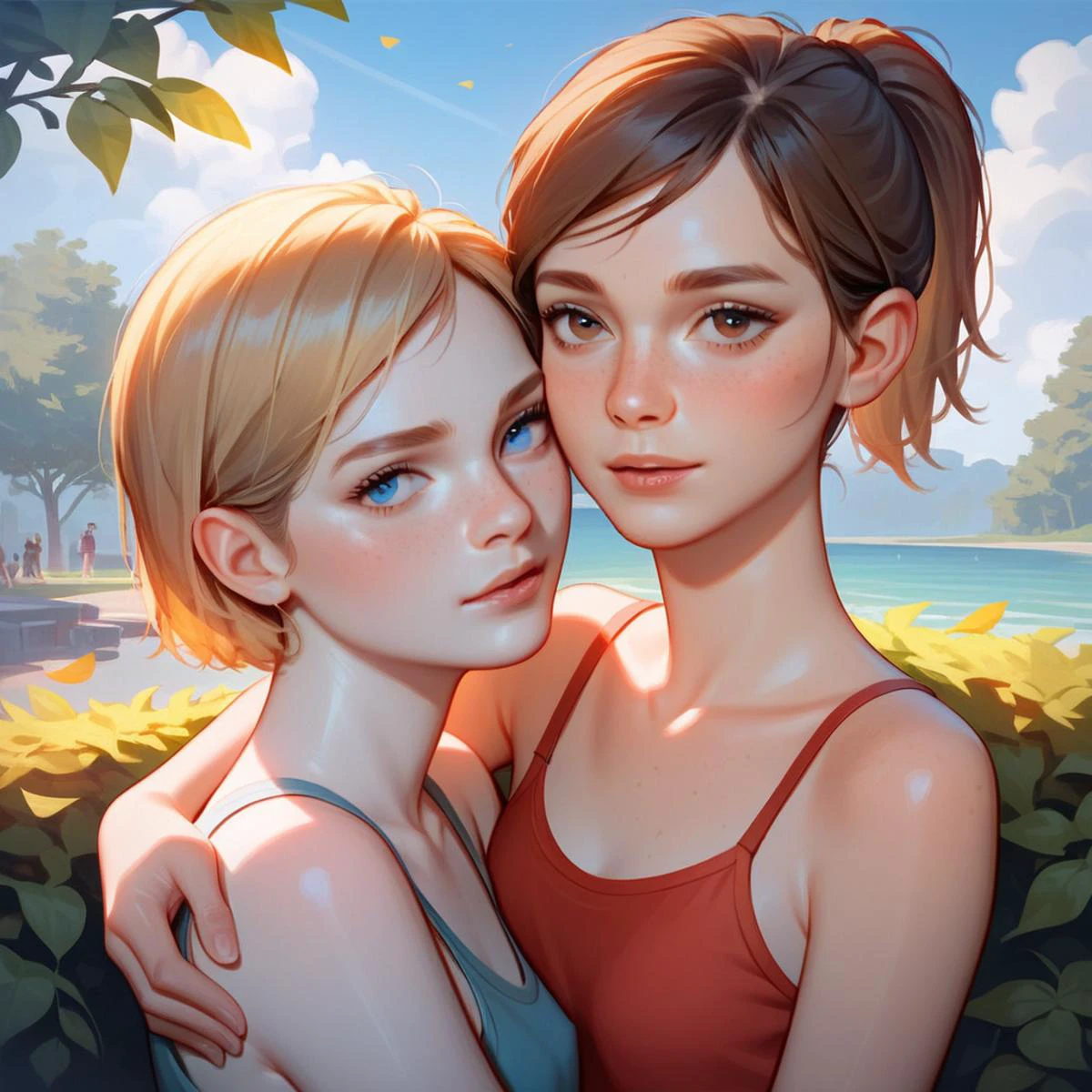 score_10,score_9, score_8_up, score_7_up, score_6_up, score_5_up, anime, anime style, 2girls, sarah miller(beautiful, petite, white skin, blonde, short hair, blue eyes) Ellie (TLOU_ew, petite, white skin, dark brown hair, short messy ponytail, brown eyes,) ellie hugging sarah, in a park <lora:add-detail-xl:0.6> <lora:sarah_tlou_sdxl_v3:1.0> <lora:fondle_by_hands_lora01:1.0> <lora:TLOUEllie:1> <lora:Smooth Anime Style LoRA XL:1> <lora:lora_TLOU_EW_5thAnyLORA:1>
