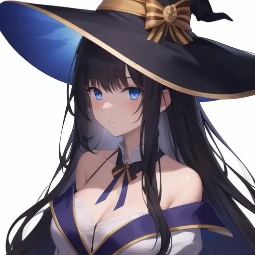 (masterpiece, best quality:1.2),illustration,8k,hd,1girl,solo,upper body,(portrait:1.2),long_hair,blue_eyes,black hair,witch_hat,white skirt,halloween_costume,black thighhighs,bare_shoulders,<lora:Long Island(azur)>,