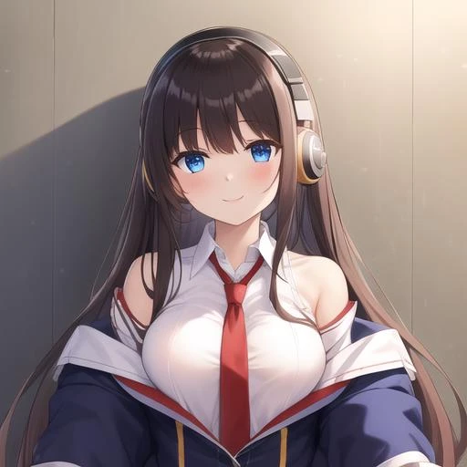 (masterpiece, best quality:1.2),illustration,8k,hd,1girl,solo,cowboy shot,blue_eyes,blush,bangs,headphones,brown_hair,breasts,smile,very_long_hair,black_hair,collared_shirt,white_shirt,long_sleeves,red_necktie,blue_jacket,sleeves_past_wrists,off_shoulder,sleeves_past_fingers,<lora:Long Island(azur)>,