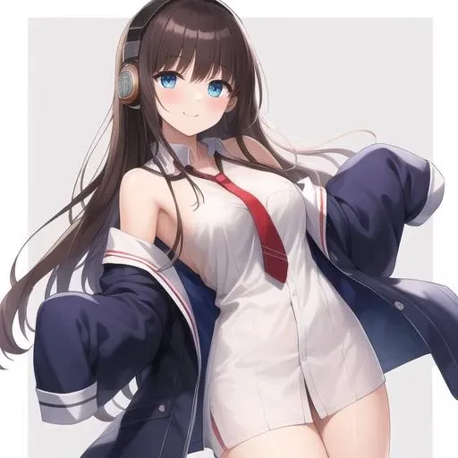 (masterpiece, best quality:1.2),illustration,8k,hd,1girl,solo,cowboy shot,blue_eyes,blush,bangs,headphones,brown_hair,breasts,smile,very_long_hair,black_hair,collared_shirt,white_shirt,long_sleeves,red_necktie,blue_jacket,sleeves_past_wrists,off_shoulder,sleeves_past_fingers,<lora:Long Island(azur)>,