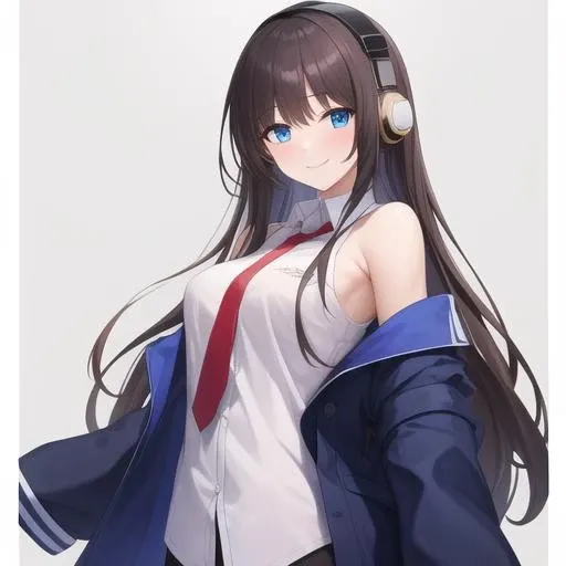 (masterpiece, best quality:1.2),illustration,8k,hd,1girl,solo,cowboy shot,blue_eyes,blush,bangs,headphones,brown_hair,breasts,smile,very_long_hair,black_hair,collared_shirt,white_shirt,long_sleeves,red_necktie,blue_jacket,sleeves_past_wrists,off_shoulder,sleeves_past_fingers,<lora:Long Island(azur)>,