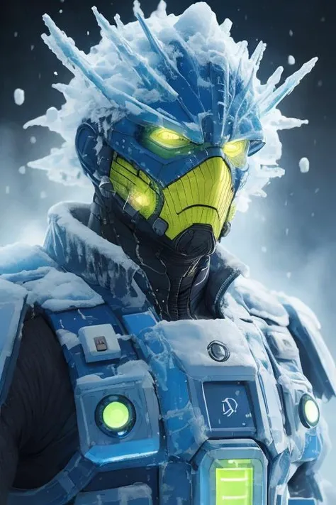 <lora:d3fr0:0.8> d3fr0 style, close up portrait, man wearing yellow body armor, cryognic chamber