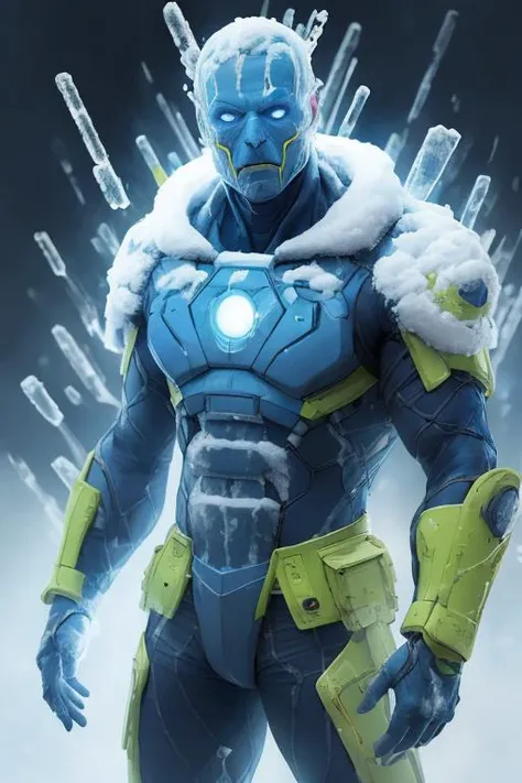 <lora:d3fr0:0.8> d3fr0 style, portrait, man wearing yellow body armor, cryognic chamber