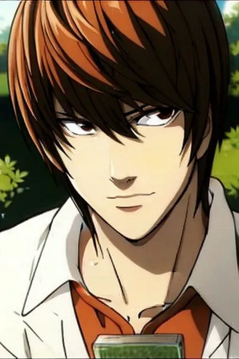 Yagami Light, medium-length brown hair with bangs, hazel eyes, <lora:lightyagami_10:1>