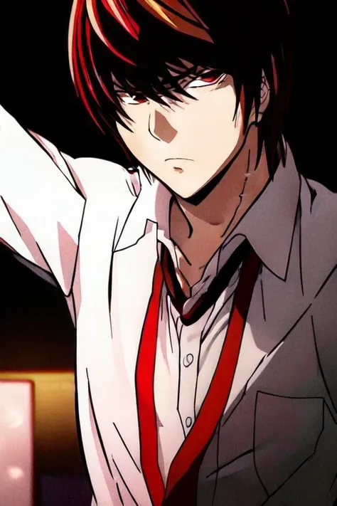Yagami Light, medium-length brown hair with bangs, hazel eyes, <lora:Light_30:0,6>
A dynamic (pose:1.3) of (Yagami Light:1.5) from the popular anime series (Death Note:1.2), captured in the midst of an (intense:1.1) and (strategic:1.1) moment. (Expressive:1.1) facial features reflecting his (intelligent:1.2) and (manipulative:1.1) nature, with (sharp eyes:1.3) and a (determined:1.1) expression. (Elegant:1.1) and (stylish:1.1) attire, complete with his (iconic:1.2) red tie, showcasing his (sophistication:1.1) and (charisma:1.1). Set against a (moody:1.1) and (dark:1.2) background, evoking the (mysterious:1.1) and (thrilling:1.1) atmosphere of the series. (Anime art style:1.3) with (vibrant colors:1.1), (bold lines:1.1), and (expert shading:1.1). Inspired by the artwork of (Takeshi Obata:1.3) and the (manga:1.2) illustrations.