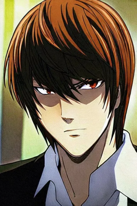 Yagami Light, medium-length brown hair with bangs, hazel eyes, <lora:lightyagami_10:1>
A dynamic (pose:1.3) of (Yagami Light:1.5) from the popular anime series (Death Note:1.2), captured in the midst of an (intense:1.1) and (strategic:1.1) moment. (Expressive:1.1) facial features reflecting his (intelligent:1.2) and (manipulative:1.1) nature, with (sharp eyes:1.3) and a (determined:1.1) expression. (Elegant:1.1) and (stylish:1.1) attire, complete with his (iconic:1.2) red tie, showcasing his (sophistication:1.1) and (charisma:1.1). Set against a (moody:1.1) and (dark:1.2) background, evoking the (mysterious:1.1) and (thrilling:1.1) atmosphere of the series. (Anime art style:1.3) with (vibrant colors:1.1), (bold lines:1.1), and (expert shading:1.1). Inspired by the artwork of (Takeshi Obata:1.3) and the (manga:1.2) illustrations.