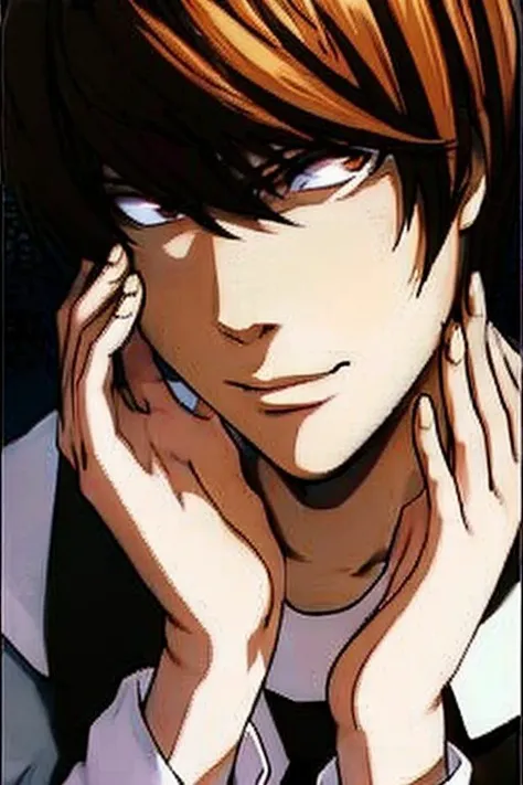 Yagami Light, medium-length brown hair with bangs, hazel eyes, <lora:lightyagami_10:1>