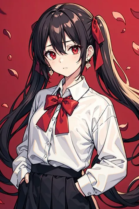 (masterpiece, best quality)),a girl, solo, twintails, shirt, skirt, petals, bowtie, earrings, jewelry, bangs, black hair, hair ornament, hair ribbon, red ribbon, red eyes, long hair, white shirt, multicolored hair, black skirt, red hair, long sleeves, pink bowtie, hair between eyes, looking at viewer, collared shirt, upper body, falling petals, depth of field, strong bloom, red background,hands in pockets