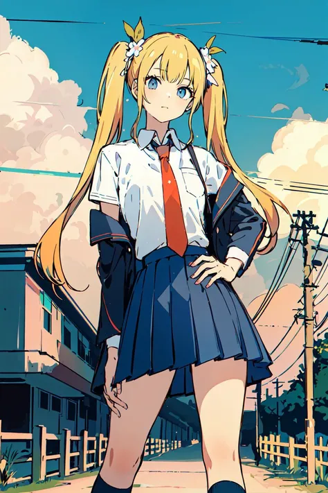 <lora:hamukukka:0.8>1girl, blonde hair, solo, twintails, necktie, skirt, outdoors, long hair, power lines, sky, school uniform, hand on hip, jacket, flower