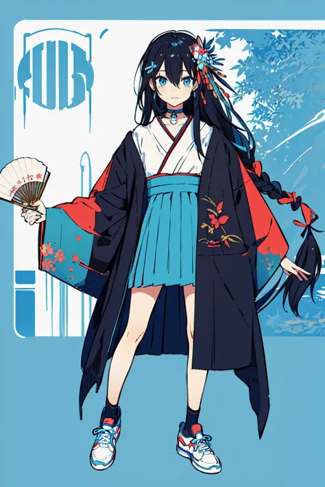 <lora:hamukukka:0.8>long hair, shoes, black hair, hand fan, braid, skirt, sneakers, multiple girls, very long hair, blue eyes, holding, a girls, closed mouth, full body, holding fan, o-ring, japanese clothes, kimono, long sleeves, bangs, multicolored hair, choker, hair ornament, blue hair, blue skirt, jacket, hair between eyes