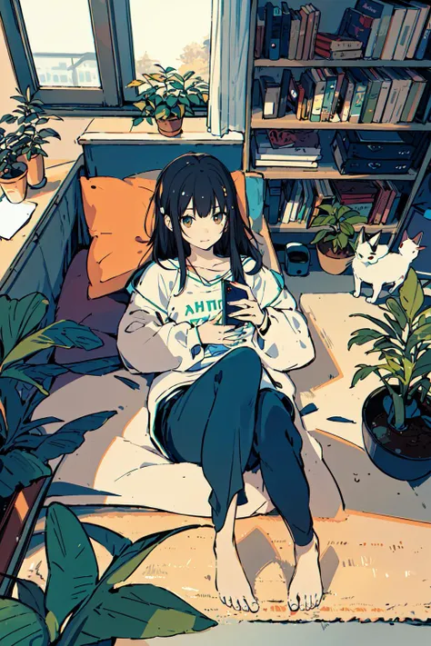 <lora:hamukukka:0.8>a girls, from above, plant, black hair, cat, lying, indoors, holding, long sleeves, long hair, stuffed toy, potted plant, book, food, window, phone, loaded interior, television, short hair, on back, stuffed animal, bangs, slippers, barefoot, sitting, bookshelf, shelf, cable, computer