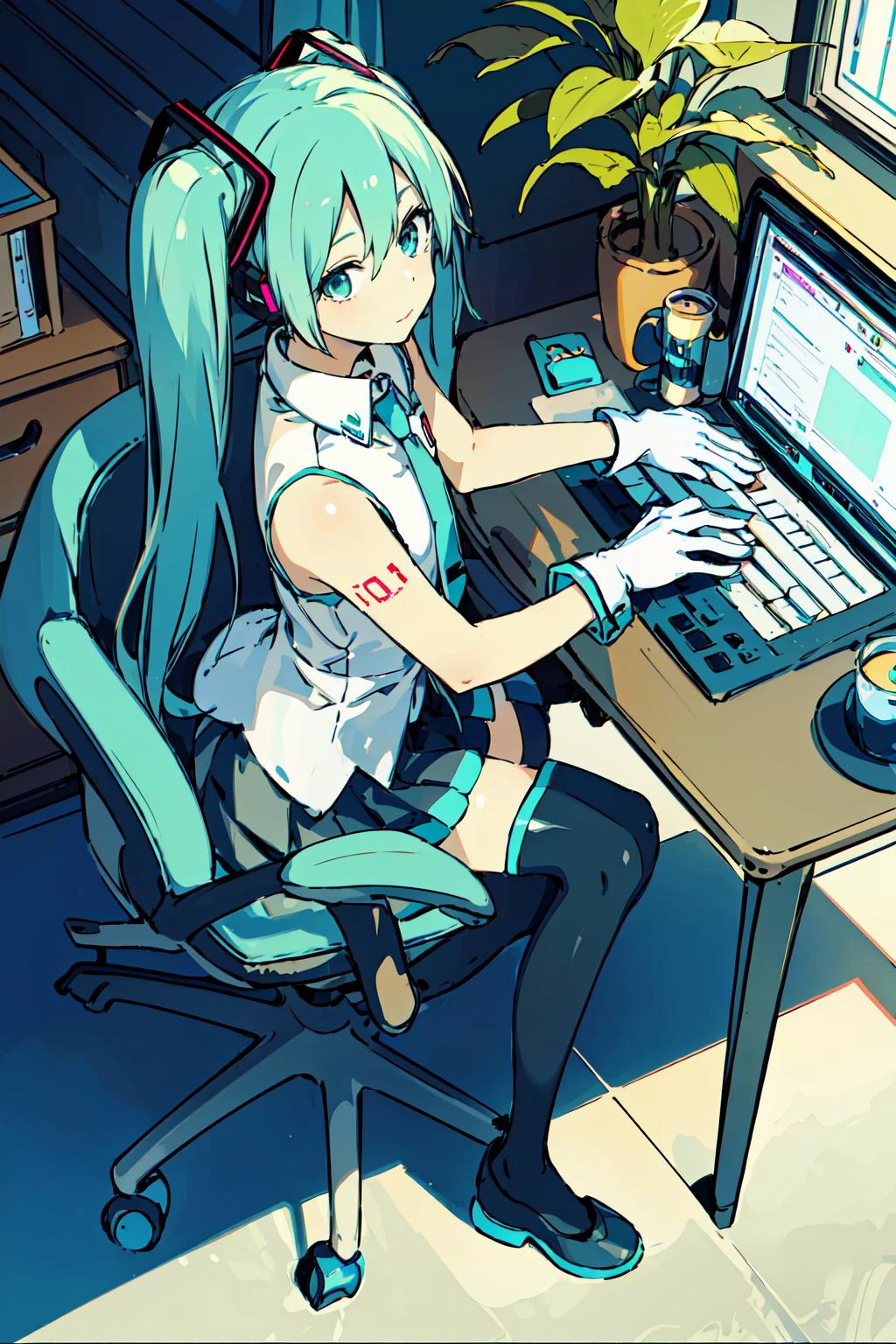 <lora:hamukukka:0.8>1girl, hatsune miku, instrument, solo, twintails, long hair, keyboard (instrument), cup, gloves, sitting, thighhighs, from above, aqua hair, chair, necktie, book, white gloves, aqua eyes, holding, plant, keyboard (computer), indoors