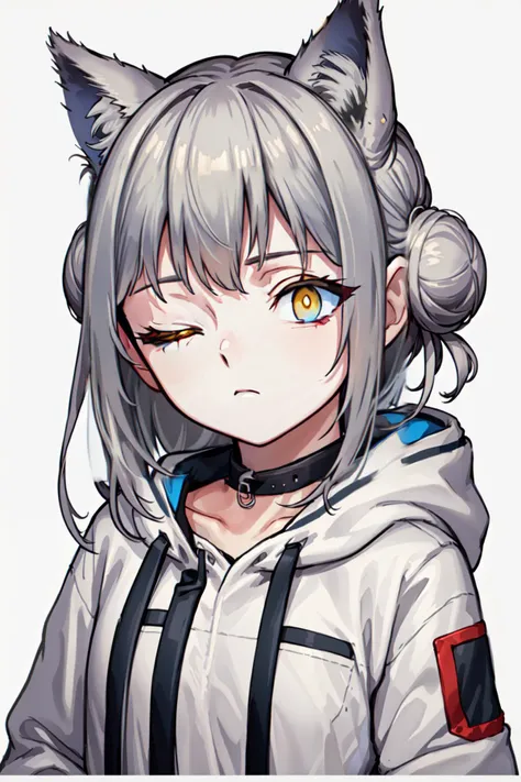 (masterpiece, best quality:1.2),
1girl, teenage, solo, facing viewer, petite,
grey hair, double bun, cat ears,
hooded jacket, white shirt, long sleeves,
facing viewer,upper body,
simple background, two-tone background, grey background,
depth of field, blurry background,
<lora:ASYLJ77-2-000014:0.4>