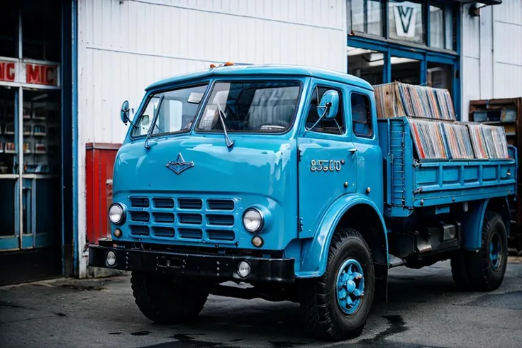 photo RAW,( <lora:maz500:0.75>, a Light Blue truck parking on Inside a 1950s Record Store: Vinyl records, soft background music, customers,Realistic, realism, hd, 35mm photograph, 8k), masterpiece, award winning photography, natural light, perfect composition, high detail, hyper realistic, dusty atmospheric haze, high quality textures of materials, volumetric textures, coating textures, metal textures