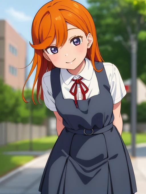 (masterpiece, best quality, ultra-detailed), (illustration), (beautiful detailed eyes),
1girl, solo,
shibuya kanon,
orange hair, <lora:KanonLL_v1:0.7>,
shirt, dress, ribbon, school uniform, white shirt, short sleeves, collared shirt, red ribbon, neck ribbon, pinafore dress,
yuigaoka school uniform, smile, bent over, arms behind back, outdoors, greenary, depth of field,school,
