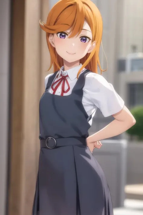 1girl, solo, shibuya kanon, orange hair, purple eyes, shoulder length hair, <lora:KanonLL_v1:0.7>, small breasts, shirt, dress, ribbon, school uniform, white shirt, short sleeves, collared shirt, red ribbon, neck ribbon, pinafore dress, yuigaoka school uniform, smile, bent over, arms behind back, outdoors, greenary, depth of field, school,