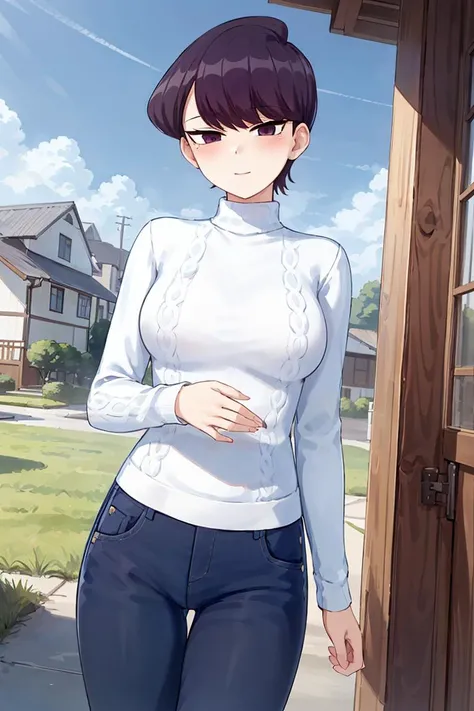 masterpiece, best quality, 1girl, solo, komi-san wa komyushou desu, (red turtleneck sweater:1.2), jeans, blush, cowboy shot, outdoors, house, blue sky <lora:Komi Shuuko:0.6>