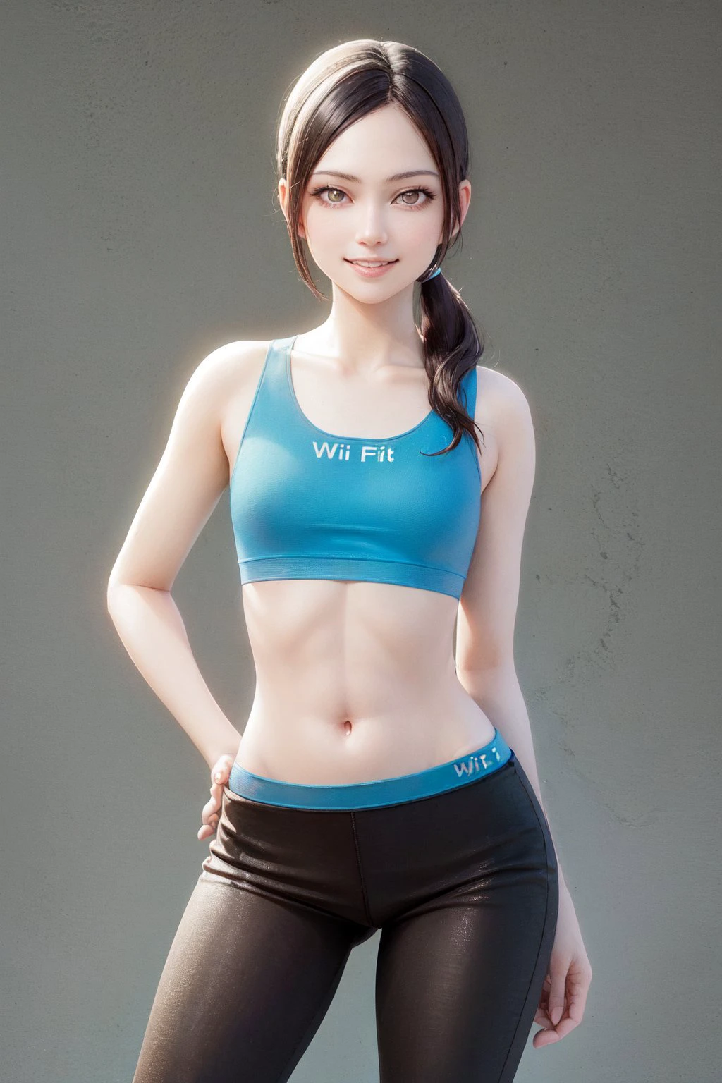 (masterpiece, best quality:1.2), <lyco:wiifit_wiifittrainer-11:1.0>, cowboy shot, solo, 1girl, wii fit trainer, colored skin, white skin, smile, looking at viewer, ponytail, crop top, capri pants, midriff, simple background