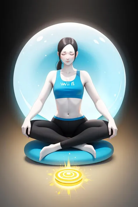 masterpiece, best quality, wii fit trainer, colored skin, white skin, ponytail, crop top, capri pants, midriff, lotusposition, sitting, lotus position, looking at viewer, closed eyes, aura <lora:wiifit_wiifittrainer-11:0.9> <lora:LotusPosition:0.8>