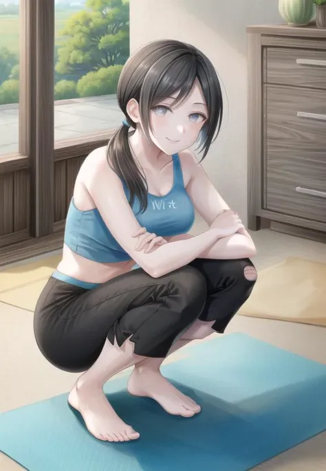 ((best quality)), ((highly detailed)), masterpiece, (detailed eyes, deep eyes), (1girl), full body, <lora:hairdetailer:.8>, <lora:wiifittrainer:1>, wii fit trainer, colored skin, (white skin), grey eyes, black hair, ponytail, (capri pants), (blue crop top), midriff, slender, fit, medium breasts, smile, (camel toe), (torn clothes), ((torn pants)), yoga mat, (squatting)